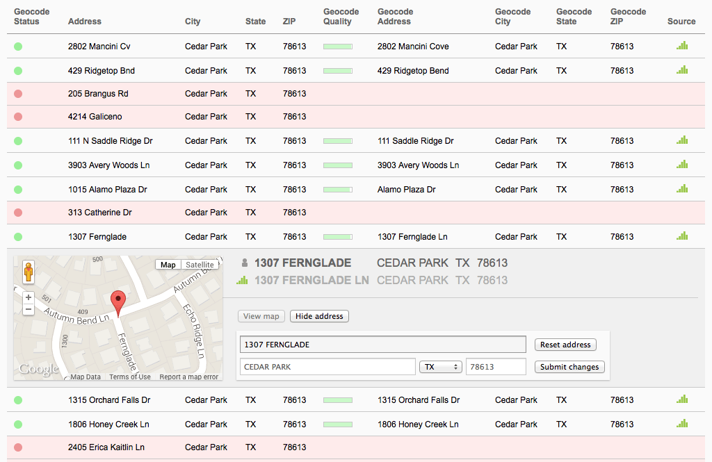 MapIntel™ address list screen